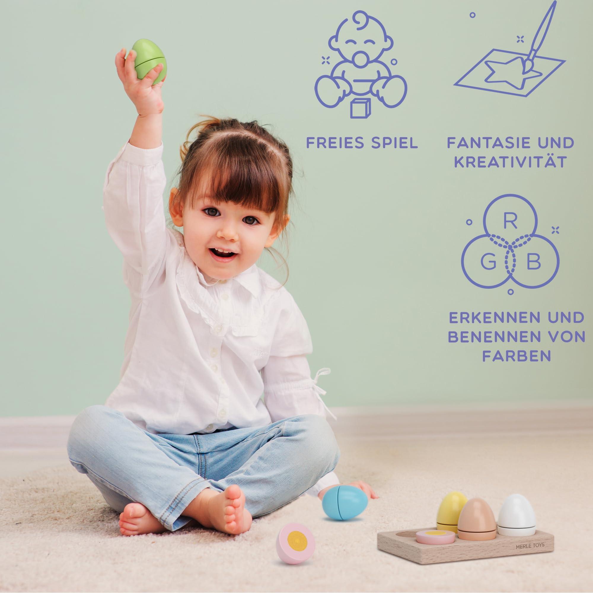 Activity-board  Accessoires de cuisine pour enfants en bois : 6 œufs en bois colorés avec fermeture velcro pour enfants à partir de 2 3 4 ans, idéaux pour cuisine ludique, magasin et magasin, avec socle en bois 