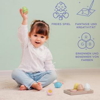 Activity-board  Kinderküchenzubehör aus Holz: 6 bunte Holzeier mit Klettverschluss für Kinder ab 2 3 4 Jahren, 