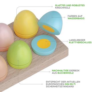 Activity-board  Accessoires de cuisine pour enfants en bois : 6 œufs en bois colorés avec fermeture velcro pour enfants à partir de 2 3 4 ans, idéaux pour cuisine ludique, magasin et magasin, avec socle en bois 