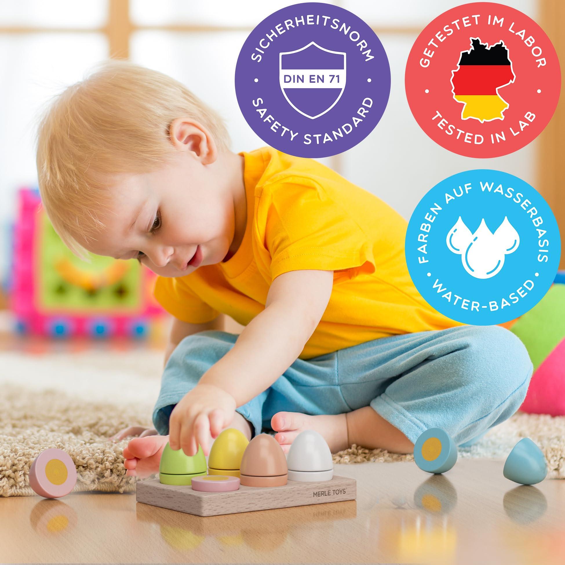 Activity-board  Accessoires de cuisine pour enfants en bois : 6 œufs en bois colorés avec fermeture velcro pour enfants à partir de 2 3 4 ans, idéaux pour cuisine ludique, magasin et magasin, avec socle en bois 