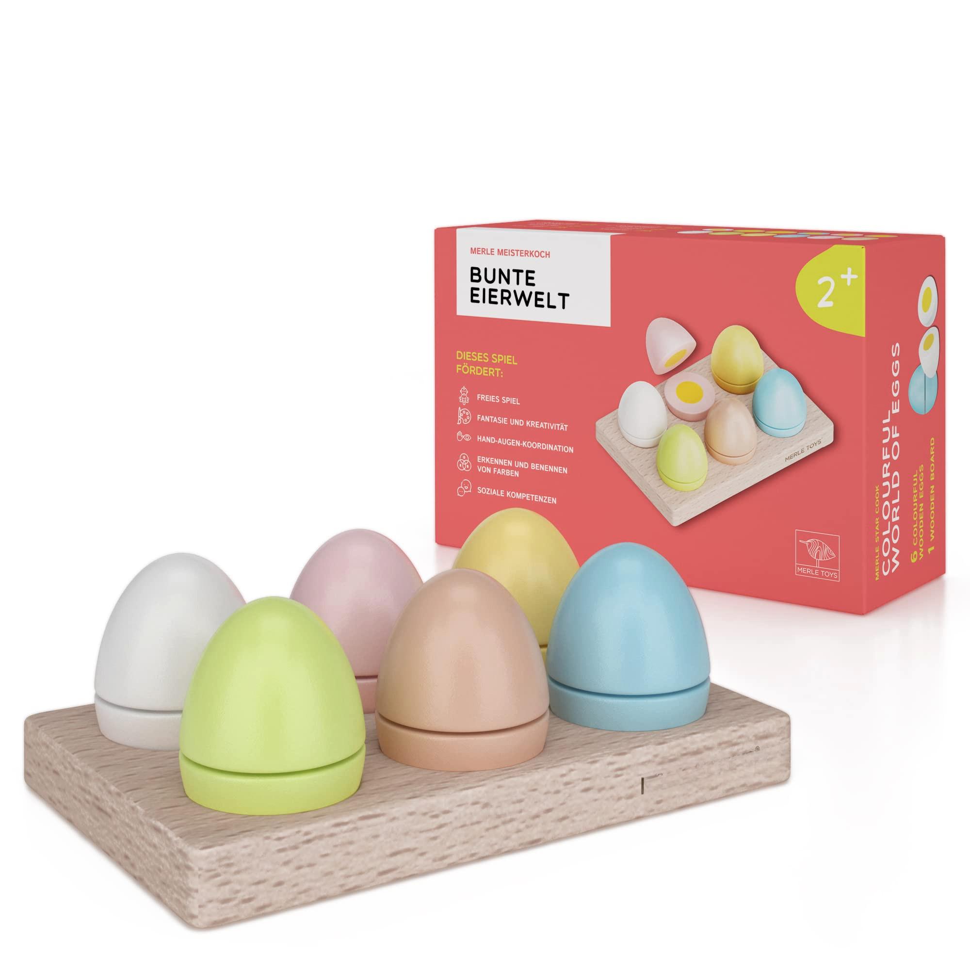 Activity-board  Accessoires de cuisine pour enfants en bois : 6 œufs en bois colorés avec fermeture velcro pour enfants à partir de 2 3 4 ans, idéaux pour cuisine ludique, magasin et magasin, avec socle en bois 