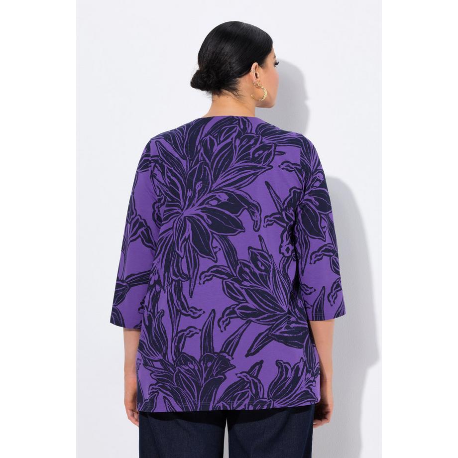 Ulla Popken T-shirt feuilles coupe évasée col tunisien manches 3/4  