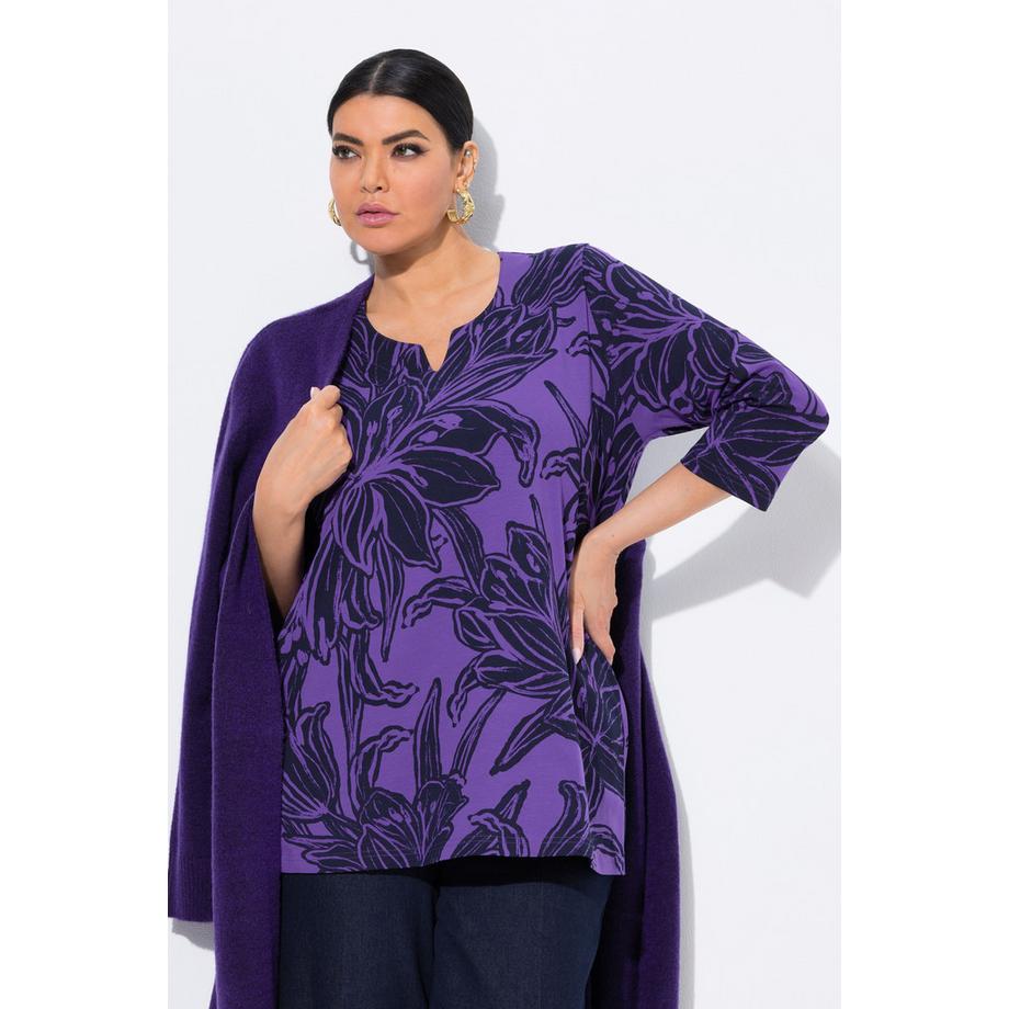 Ulla Popken T-shirt feuilles coupe évasée col tunisien manches 3/4  