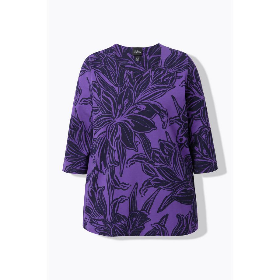 Ulla Popken T-shirt feuilles coupe évasée col tunisien manches 3/4  