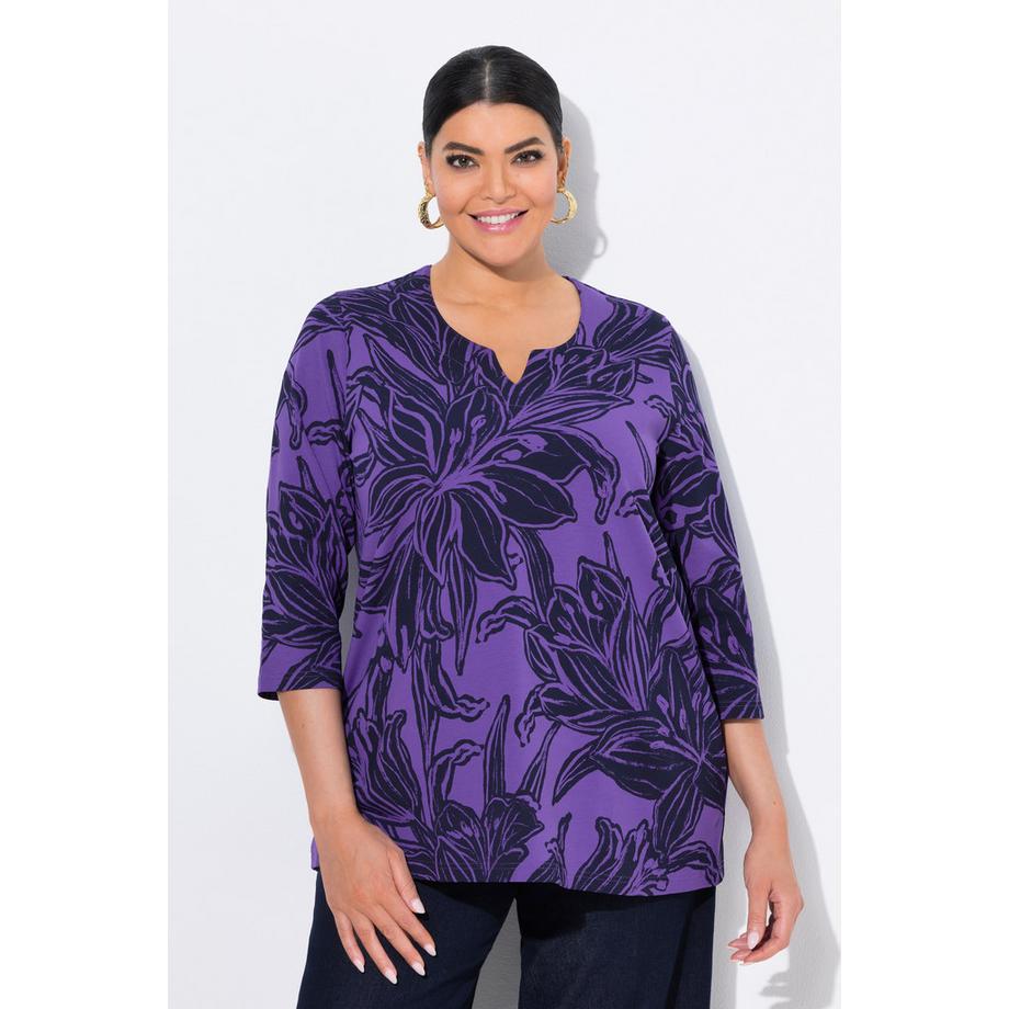 Ulla Popken T-shirt feuilles coupe évasée col tunisien manches 3/4  