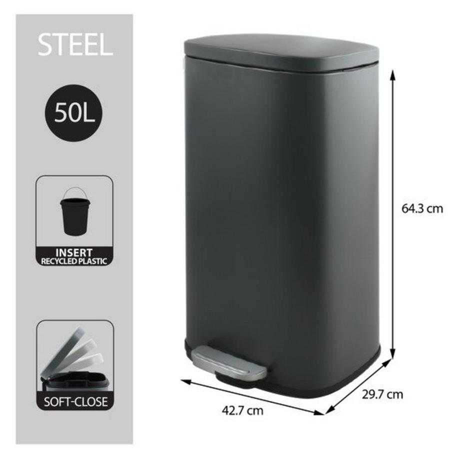 spirella Pattumiera a pedale da cucina in acciaio AKIRA di grande capacità 50L grigio opaco  