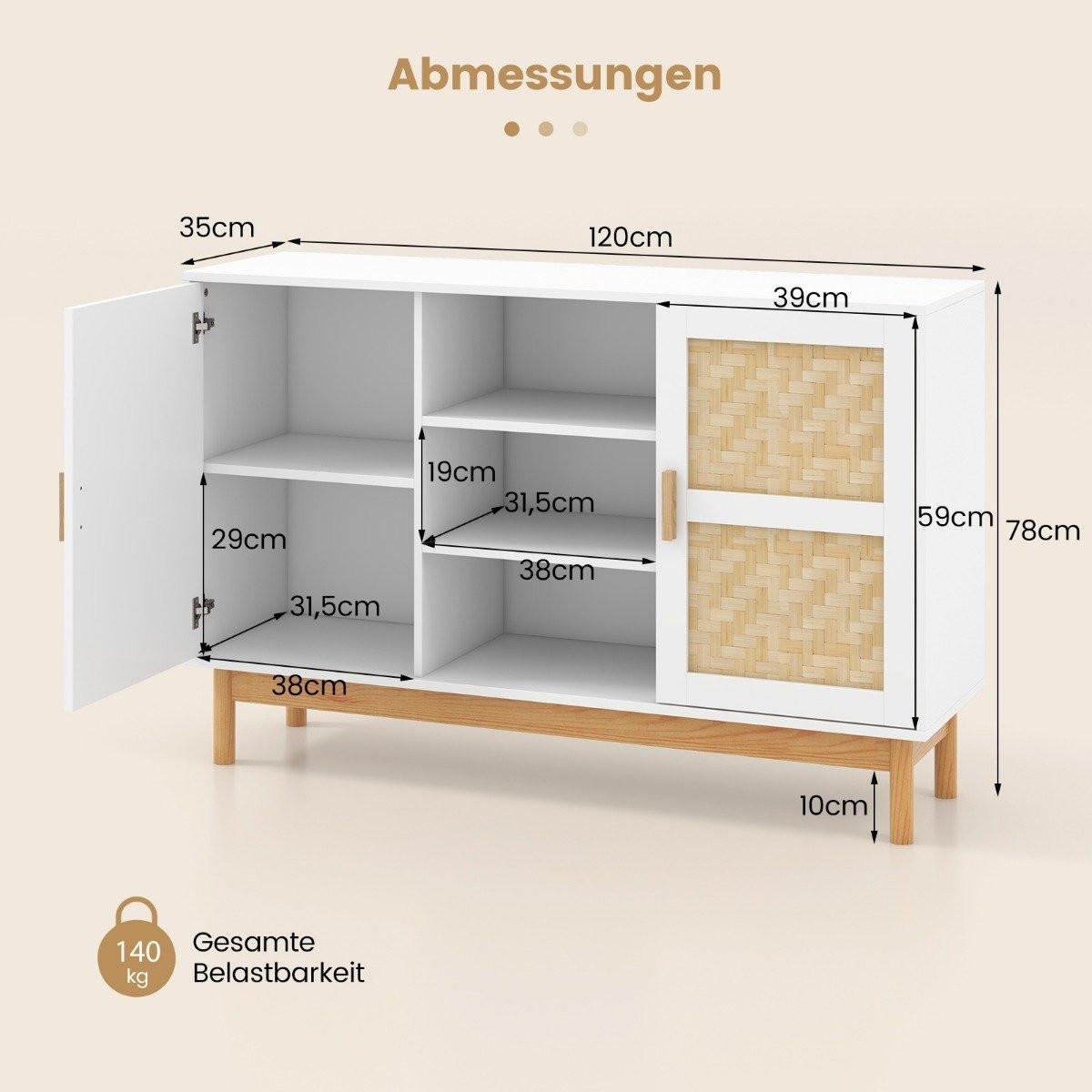 Northix Buffetschrank aus Holz Küchenschrank mit 2 Bambustüren & 3 offenen Regalen 120 x 35 x 78 cm Natur + Weiß  
