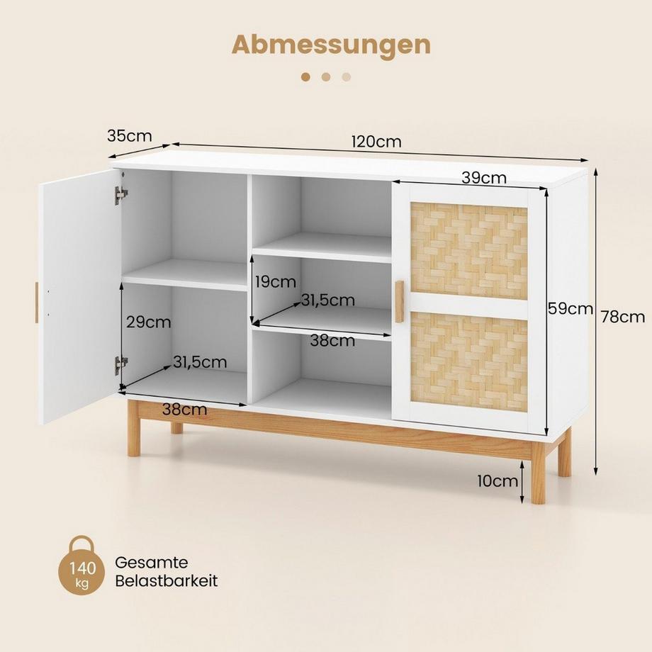 Northix Buffetschrank aus Holz Küchenschrank mit 2 Bambustüren & 3 offenen Regalen 120 x 35 x 78 cm Natur + Weiß  