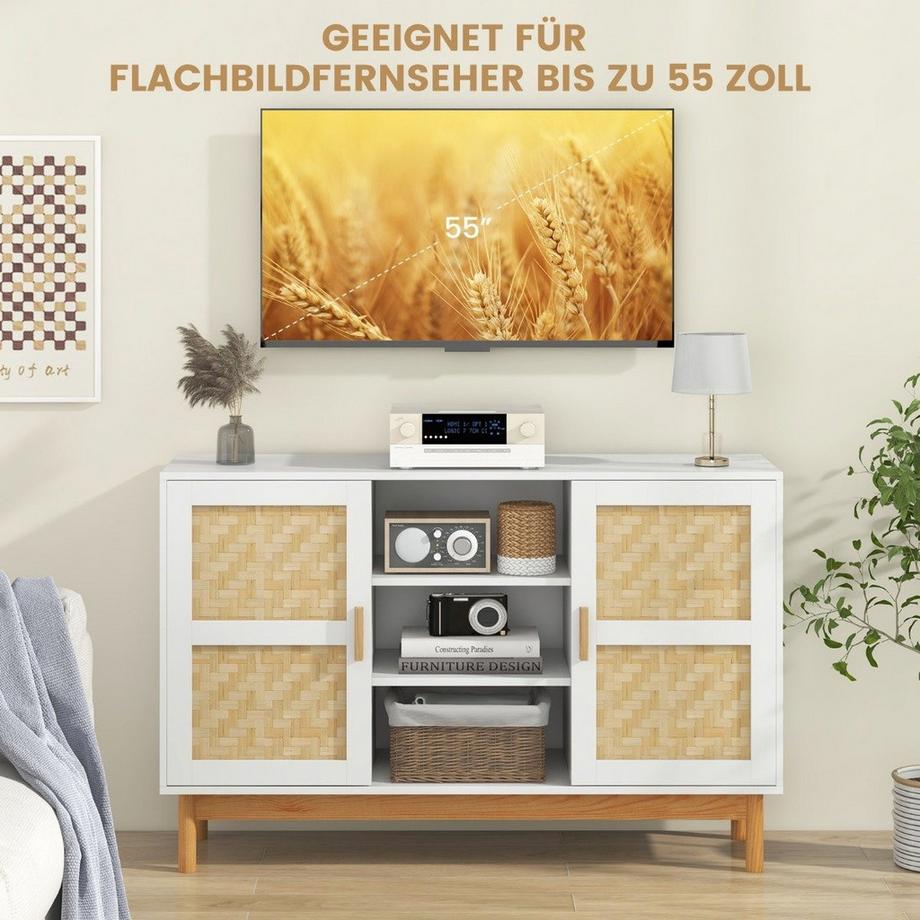 Northix Buffetschrank aus Holz Küchenschrank mit 2 Bambustüren & 3 offenen Regalen 120 x 35 x 78 cm Natur + Weiß  