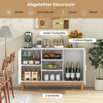 Buffetschrank aus Holz Küchenschrank mit 2 Bambustüren & 3 offenen Regalen 120 x 35 x 78 cm Natur + Weiß