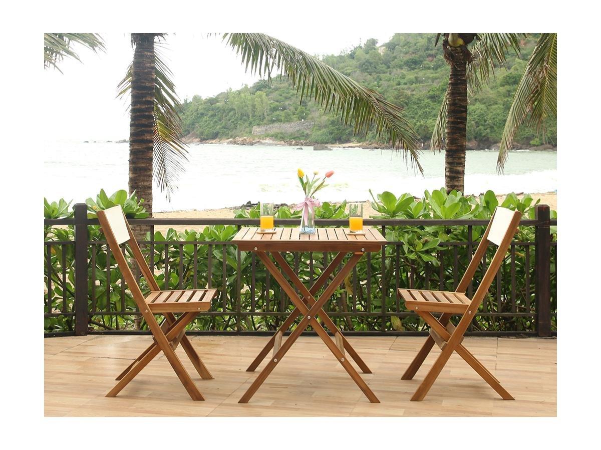 Vente-unique Salle à manger de jardin en acacia : 1 table et 2 chaises pliantes blanches et naturelles - ASINARA de MYLIA  