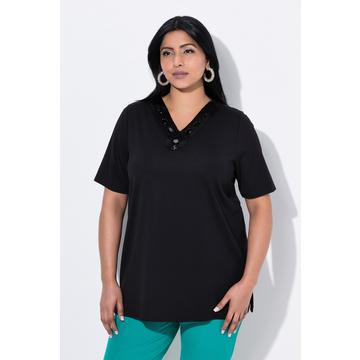 T-shirt manches courtes, coupe évasée, décolleté en V avec petites pierres