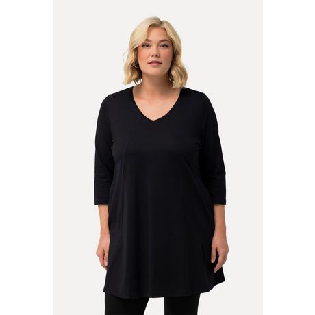 Ulla Popken  T-shirt long, couture décorative, silhouette en A, col V, manches 3/4 