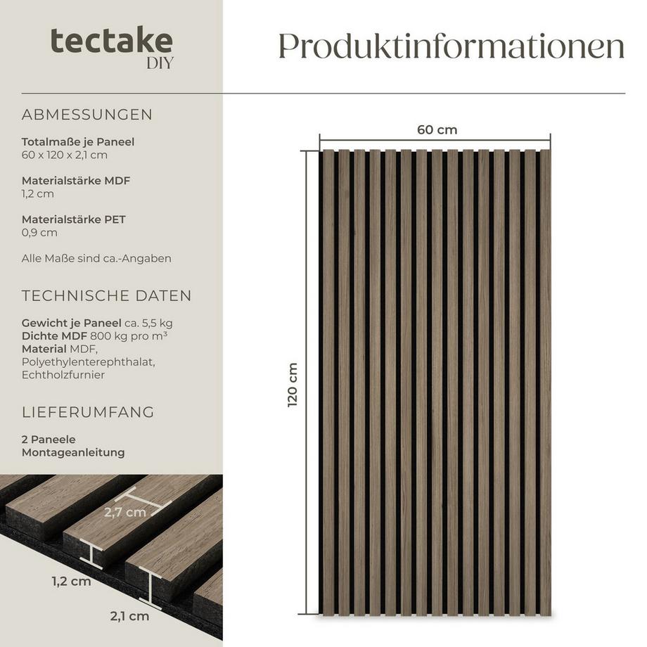 Tectake Akustikpaneele Sonic Wall Holzoptik in Eiche dunkel  schallabsorbierender Filz - 2er Set  