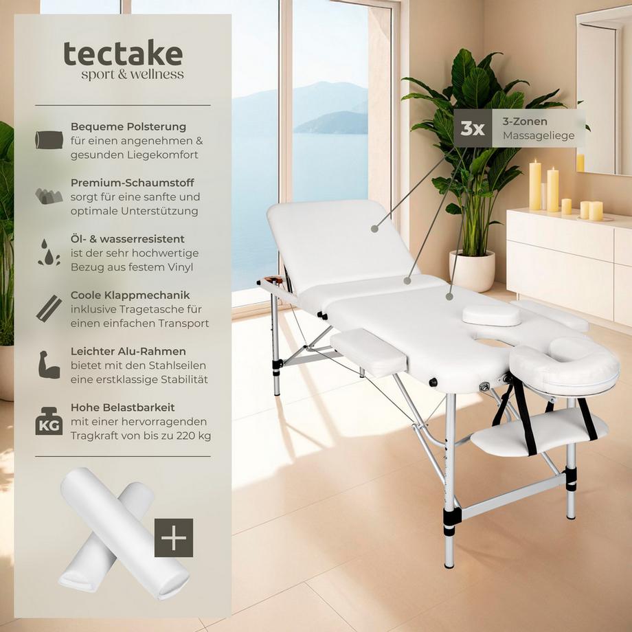 Tectake 3 Zonen Massageliege mit 5cm Polsterung, Rollen und Aluminiumgestell  
