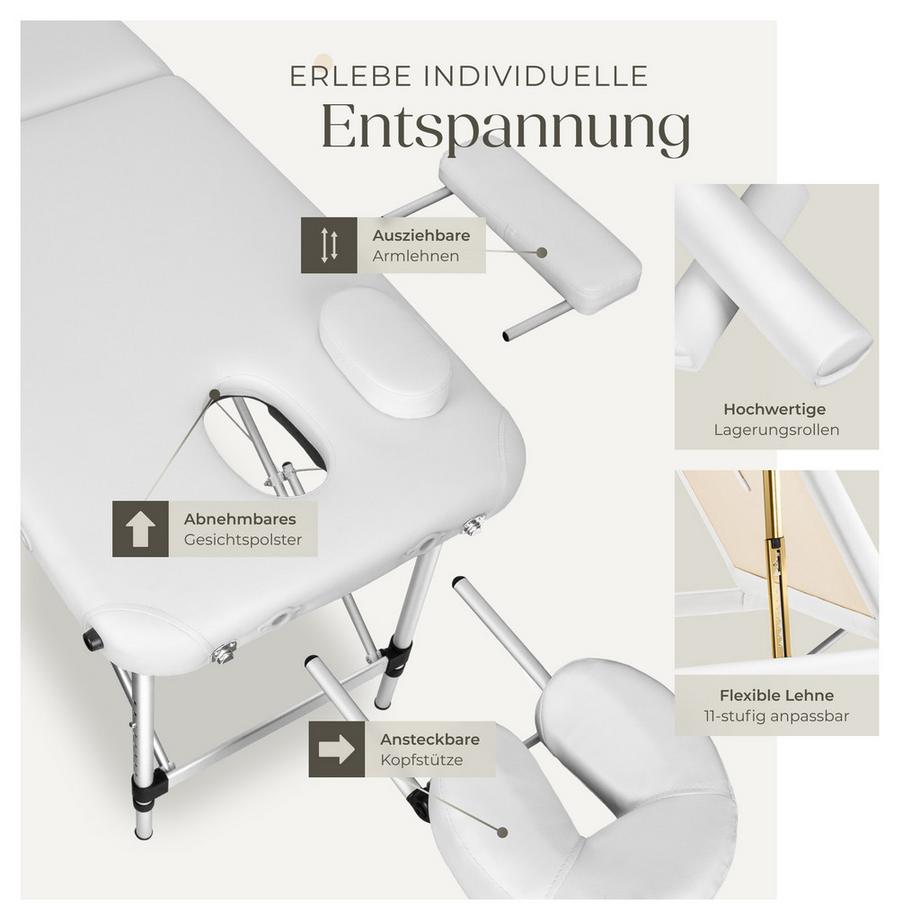 Tectake 3 Zonen Massageliege mit 5cm Polsterung, Rollen und Aluminiumgestell  