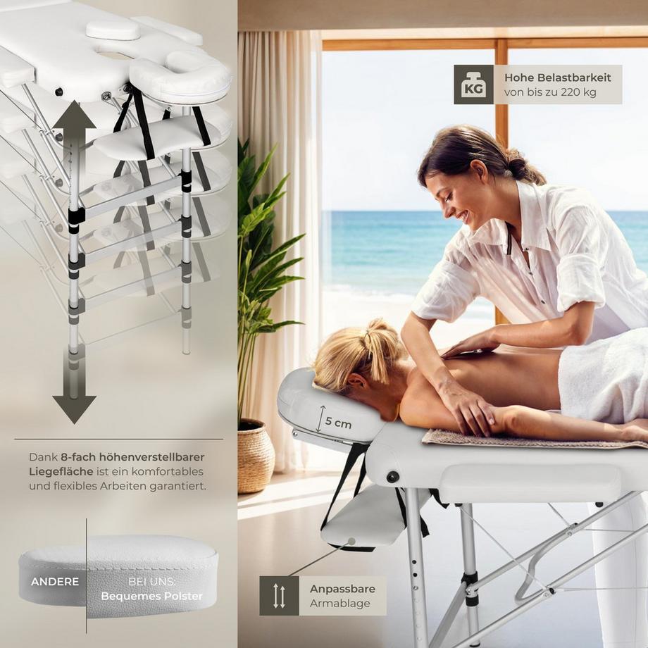 Tectake 3 Zonen Massageliege mit 5cm Polsterung, Rollen und Aluminiumgestell  