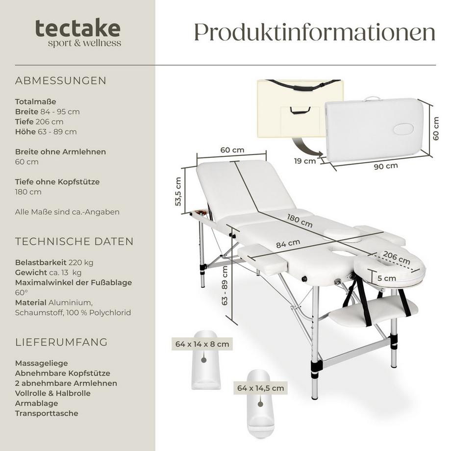 Tectake 3 Zonen Massageliege mit 5cm Polsterung, Rollen und Aluminiumgestell  