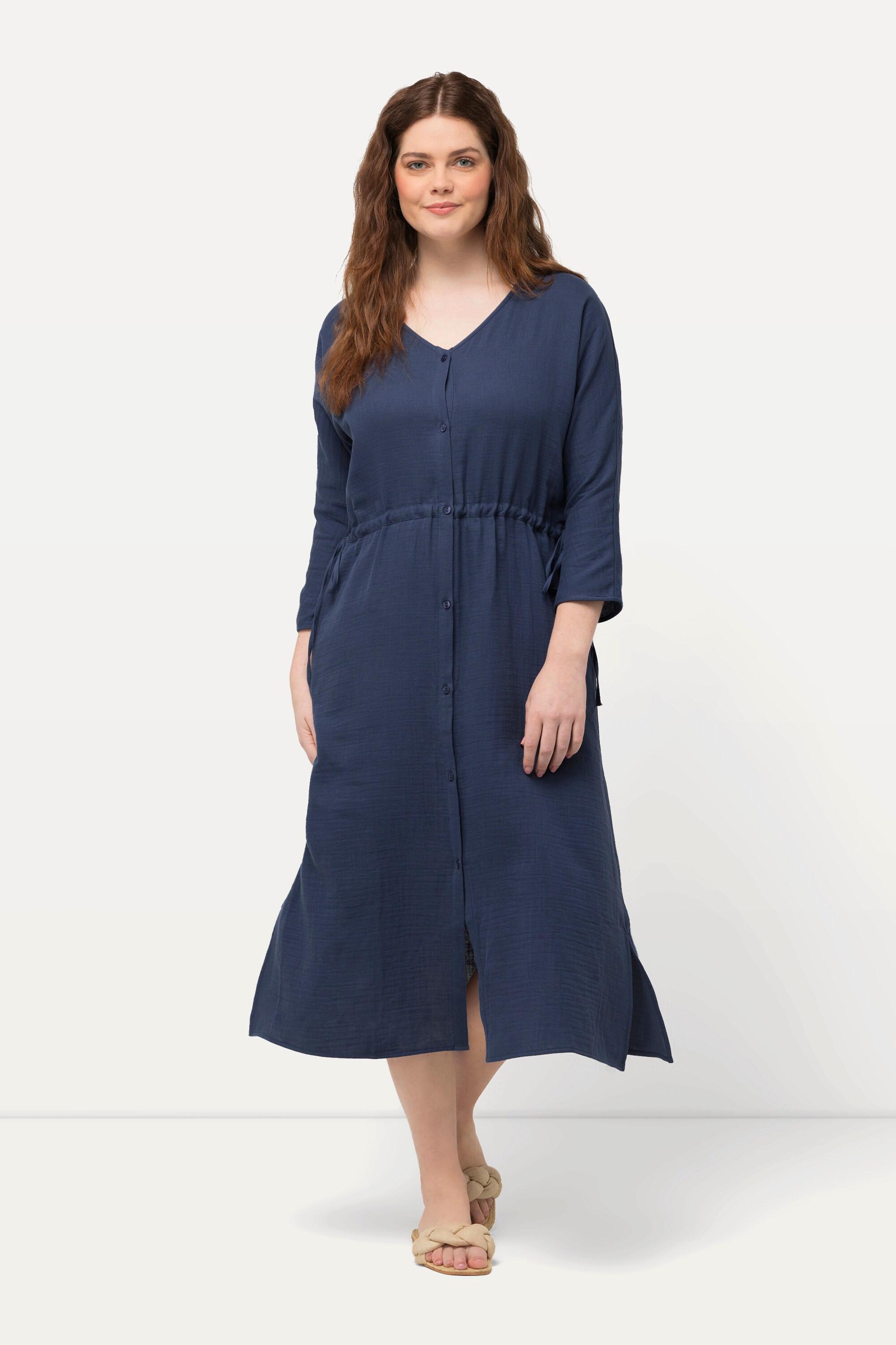 Ulla Popken  Robe midi bubble, décolleté en V et manches 3/4. Coton bio 