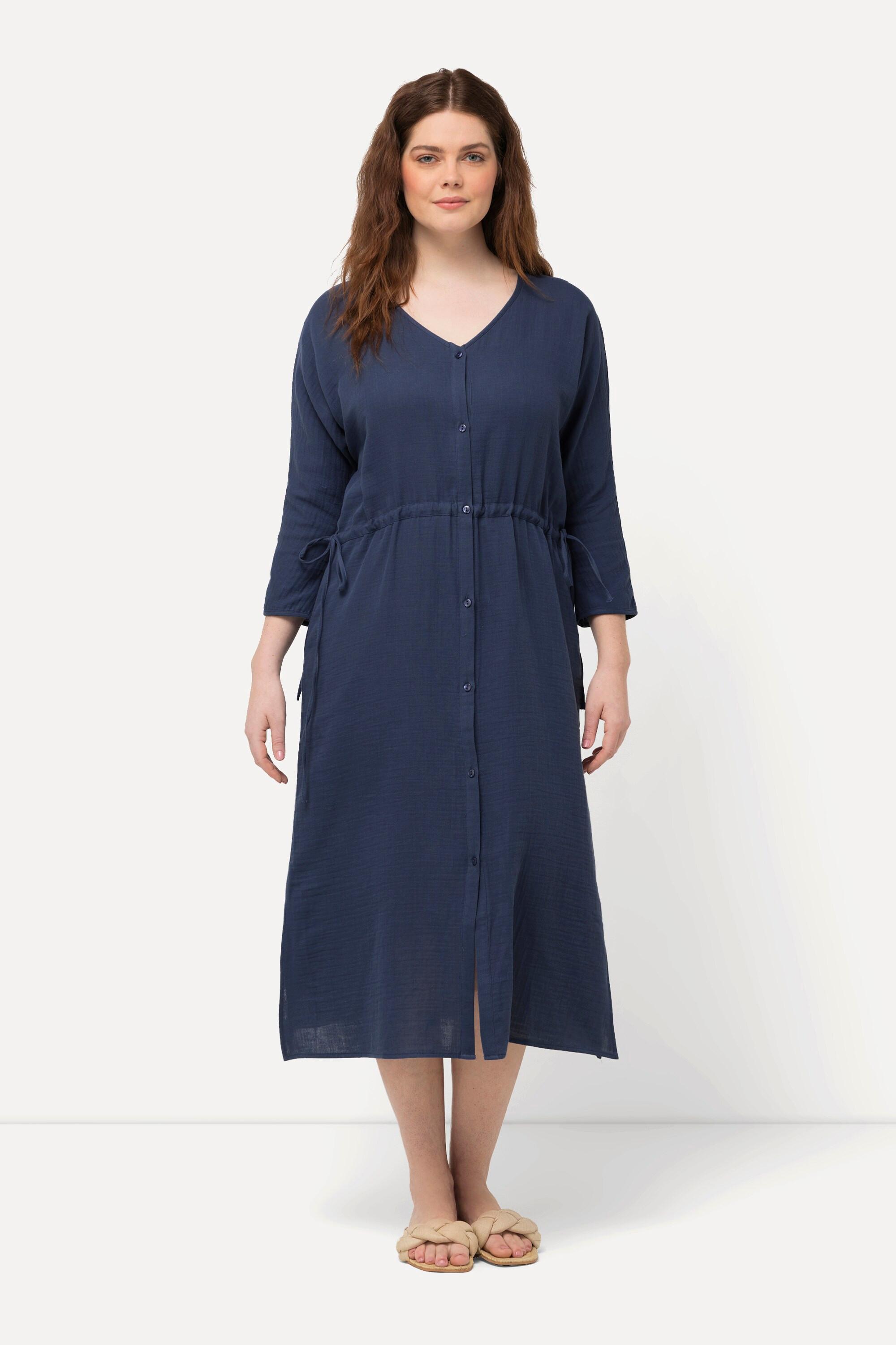 Ulla Popken  Robe midi bubble, décolleté en V et manches 3/4. Coton bio 