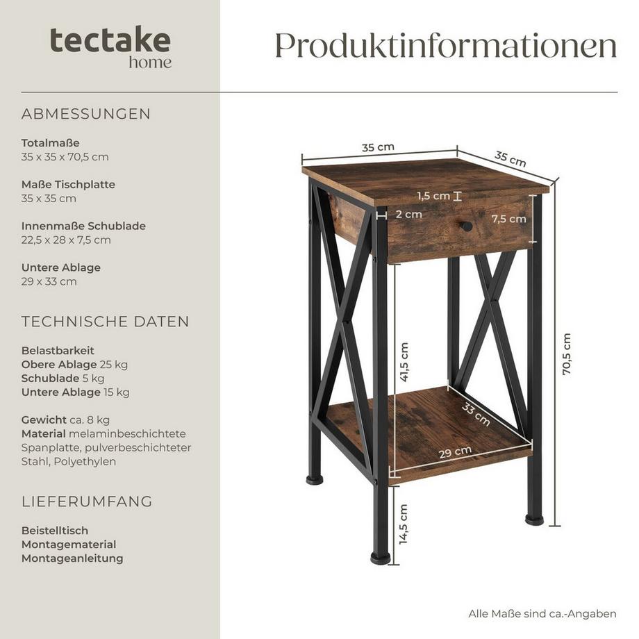 Tectake Beistelltisch Dayton Industrial Style Holz und Stahl  