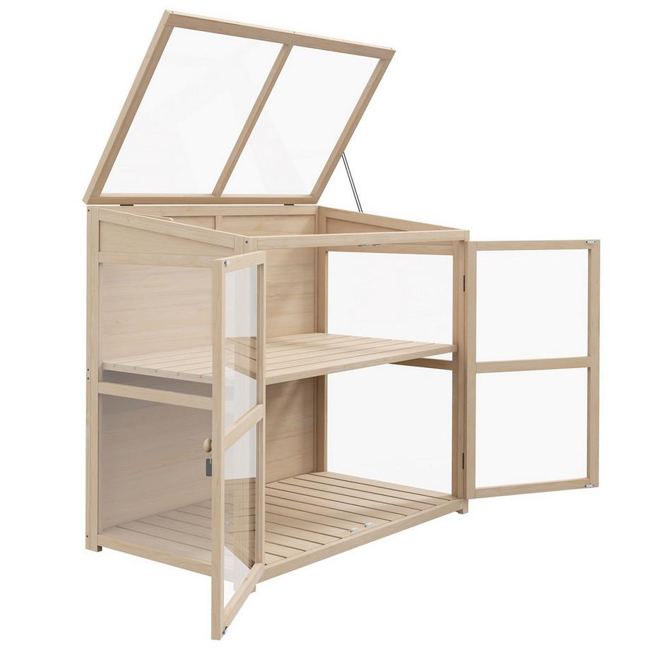 Northio Frühbeet Aus Holz 2-Stufiges Gewächshaus Mit Doppeltür & Dachfenster, Winddicht, Natur, 103X61X103Cm  