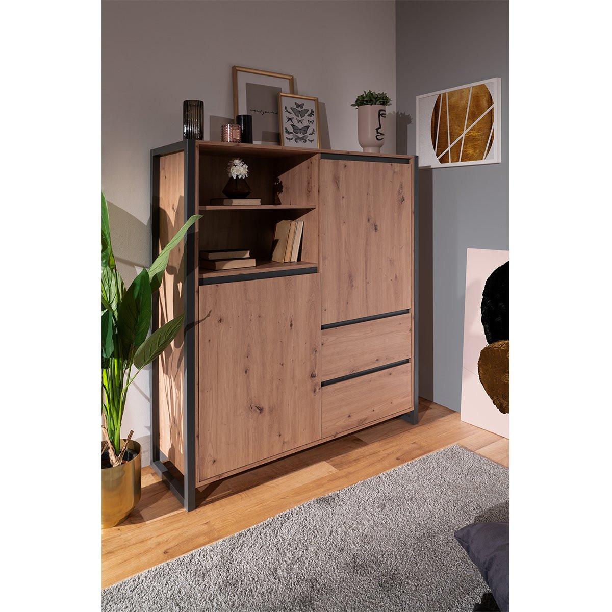 Calicosy Credenza alta a 2 ante e 3 cassetti L120 cm - Decorazione legno chiaro  