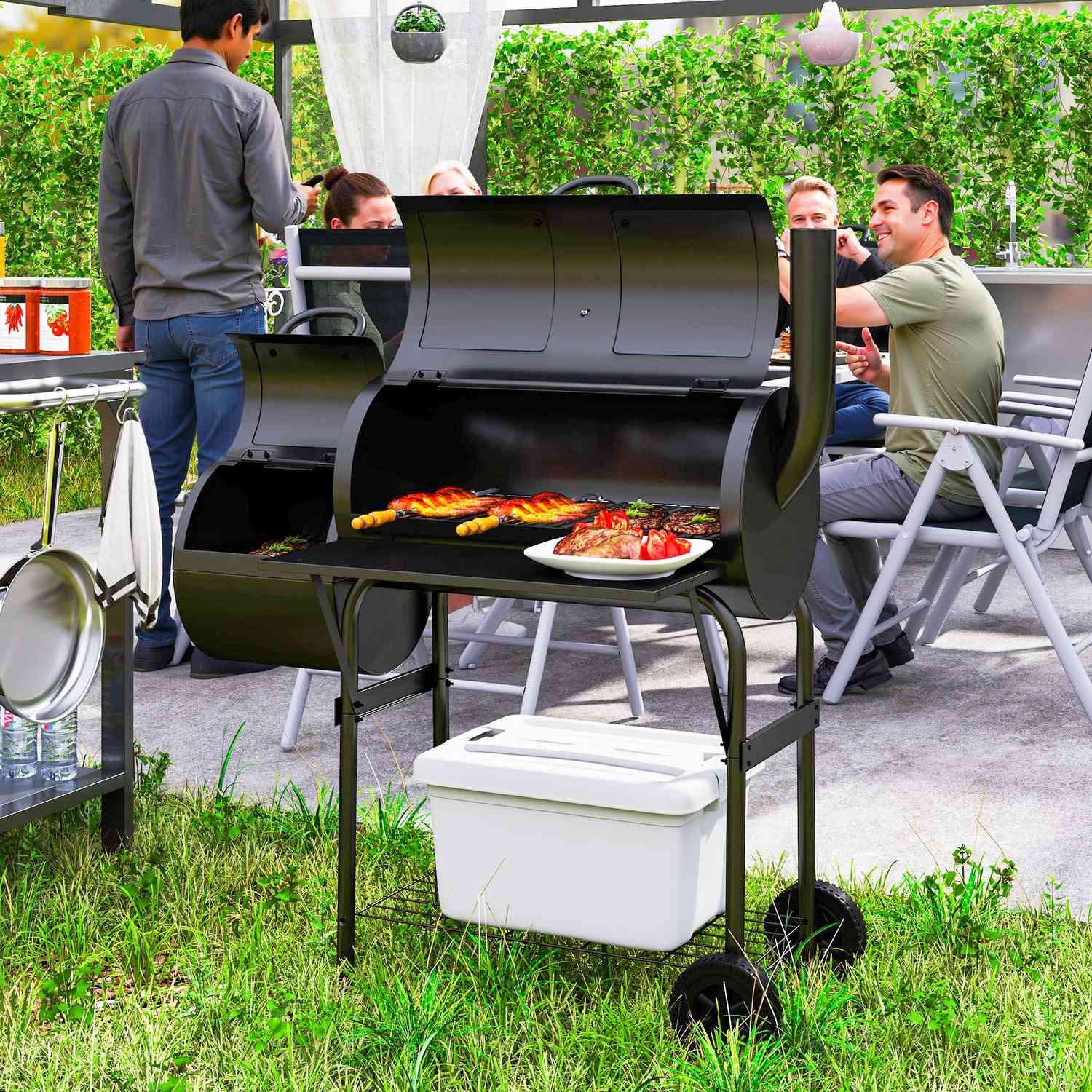 Northio Gril à charbon en acier Fumoir pour barbecue avec couvercle Thermomètre Roues Étagère Chariot à gril mobile avec alimentation en air Plateau à charbon, gril à charbon Chariot à charbon de bois pour barbecue camping, jardin 109x60x120 cm  