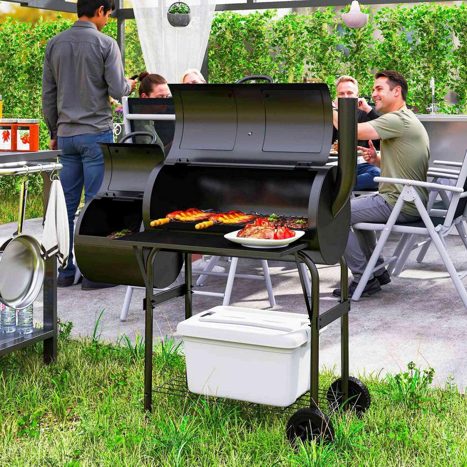 Northio Holzkohlegrill aus Stahl BBQ Smoker mit Deckel Thermometer Räder Ablage fahrbar Grillwagen mit Luftzufuhr Kohlewanne, Kohlegrill Kohlegrillwagen für Barbeque Camping, Garten 109x60x120 cm Aosom  