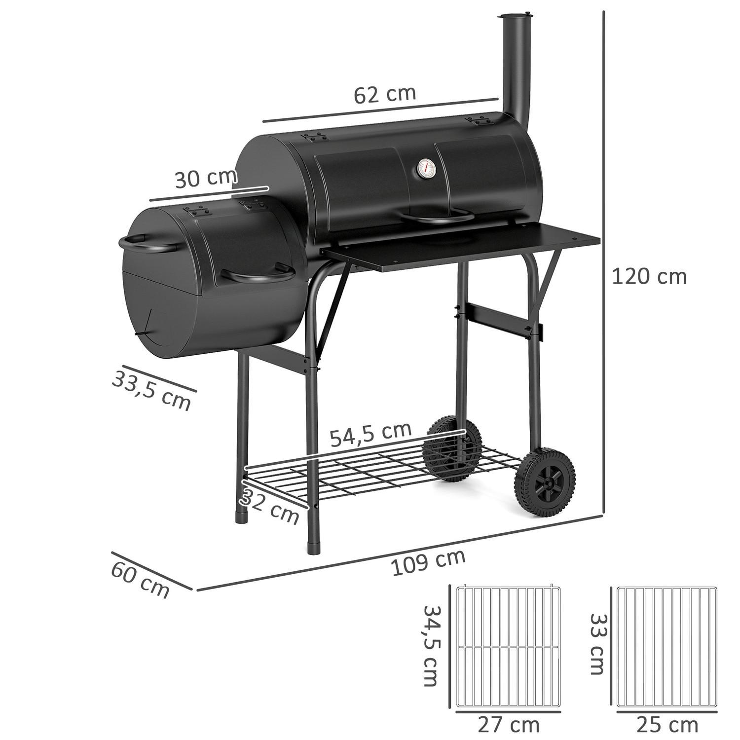 Northio Gril à charbon en acier Fumoir pour barbecue avec couvercle Thermomètre Roues Étagère Chariot à gril mobile avec alimentation en air Plateau à charbon, gril à charbon Chariot à charbon de bois pour barbecue camping, jardin 109x60x120 cm  