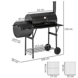 Northio Gril à charbon en acier Fumoir pour barbecue avec couvercle Thermomètre Roues Étagère Chariot à gril mobile avec alimentation en air Plateau à charbon, gril à charbon Chariot à charbon de bois pour barbecue camping, jardin 109x60x120 cm  