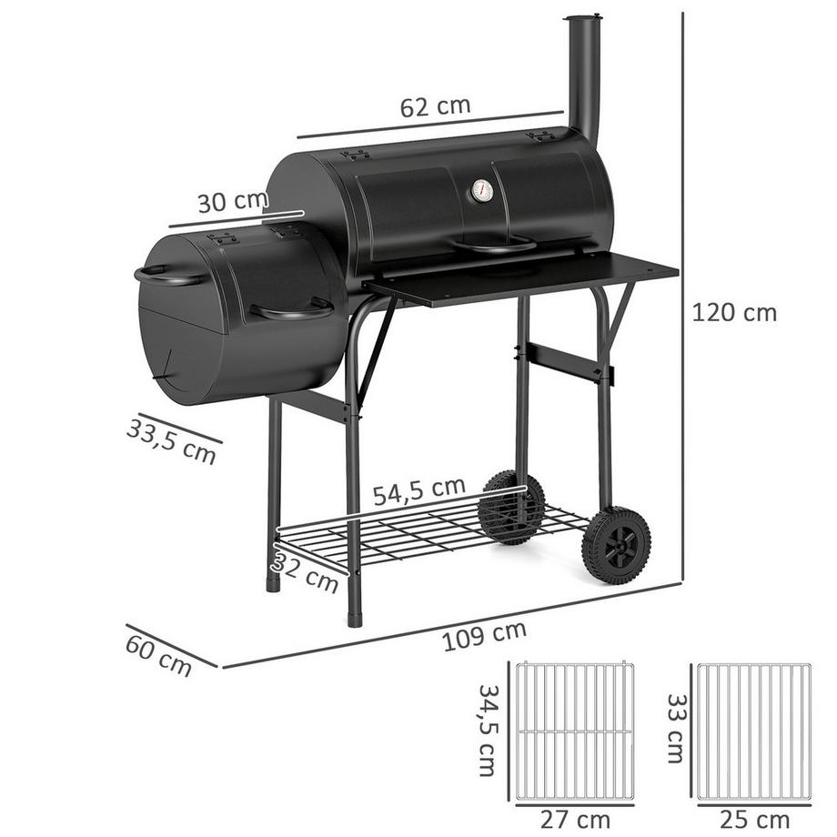 Northio Holzkohlegrill aus Stahl BBQ Smoker mit Deckel Thermometer Räder Ablage fahrbar Grillwagen mit Luftzufuhr Kohlewanne, Kohlegrill Kohlegrillwagen für Barbeque Camping, Garten 109x60x120 cm Aosom  