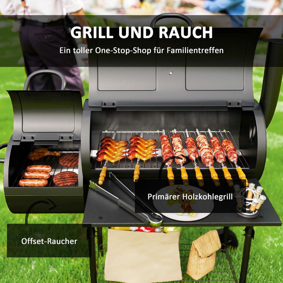 Northio Holzkohlegrill aus Stahl BBQ Smoker mit Deckel Thermometer Räder Ablage fahrbar Grillwagen mit Luftzufuhr Kohlewanne, Kohlegrill Kohlegrillwagen für Barbeque Camping, Garten 109x60x120 cm Aosom  