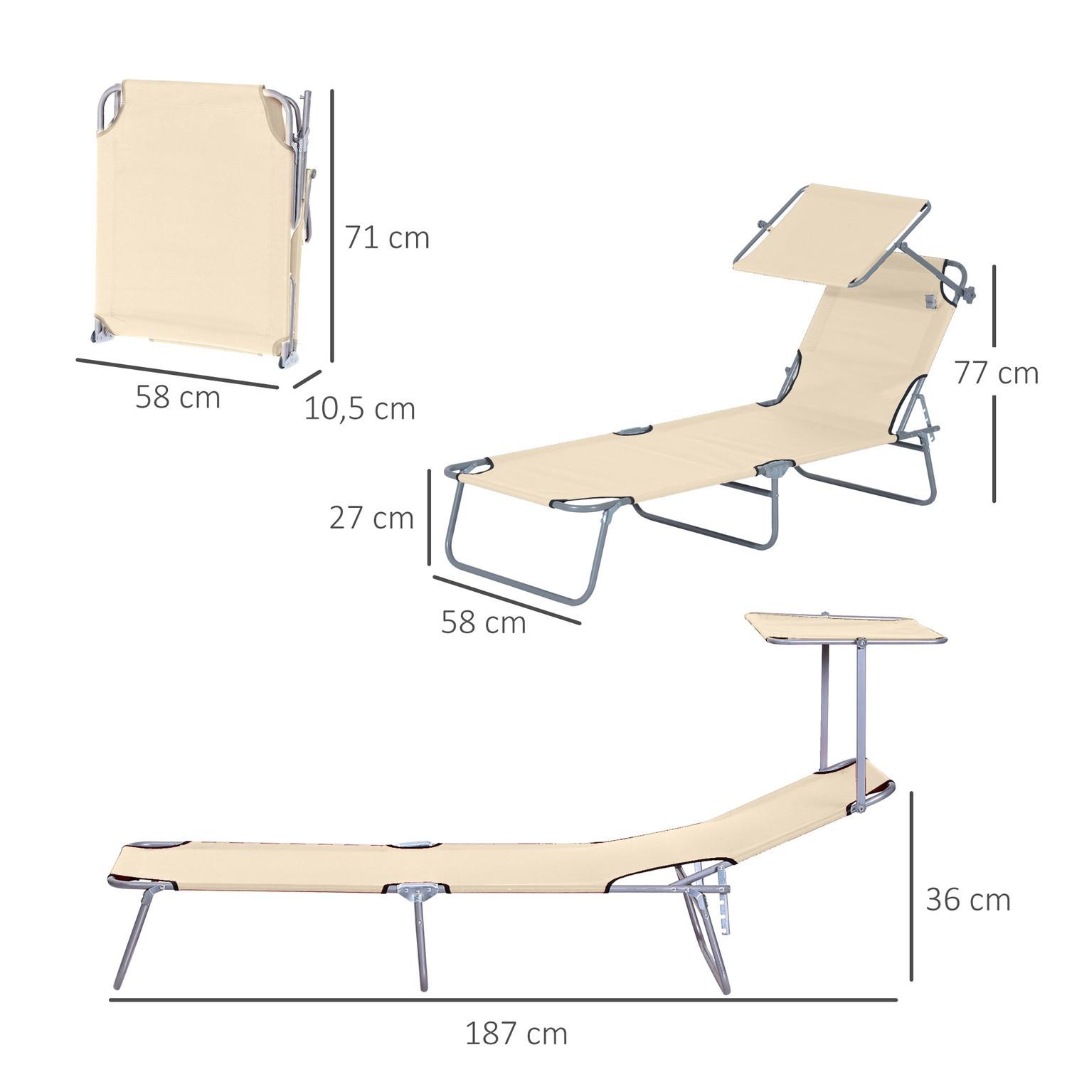 Northio Chaise longue de jardin, chaise longue de bien-être, chaise longue de plage pliable avec protection solaire beige 187 x 58 x 36 cm  