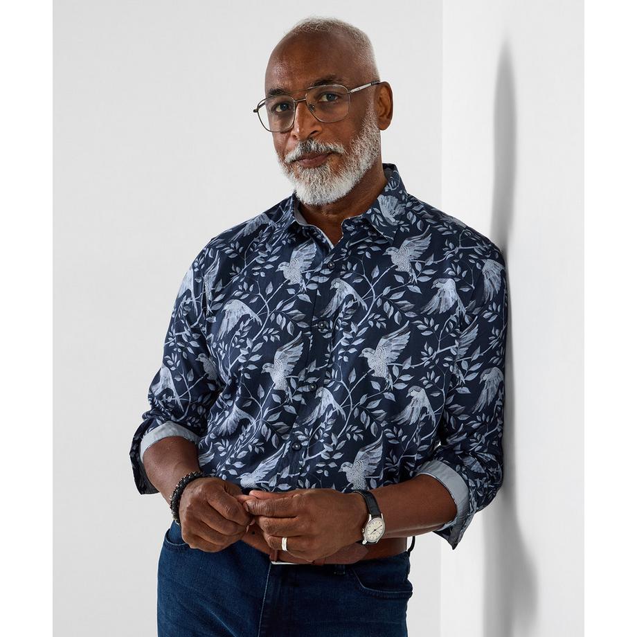 Langarmhemd mit klassischem Kragen und Vogelmotiv