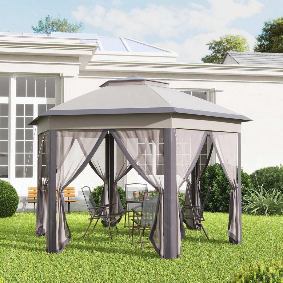 Northio Gazebo Da Giardino Gazebo Pieghevole 4 X 4 M Tenda Pop-Up Tenda Per Feste Inclusa Borsa Per Il Trasporto 6 Pannelli Laterali Doppio Tetto Esagonale Caffè + Beige  