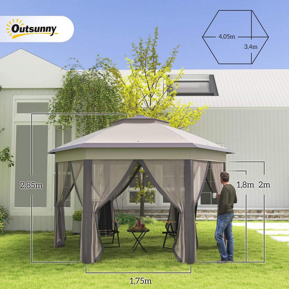 Northio Gazebo Da Giardino Gazebo Pieghevole 4 X 4 M Tenda Pop-Up Tenda Per Feste Inclusa Borsa Per Il Trasporto 6 Pannelli Laterali Doppio Tetto Esagonale Caffè + Beige  