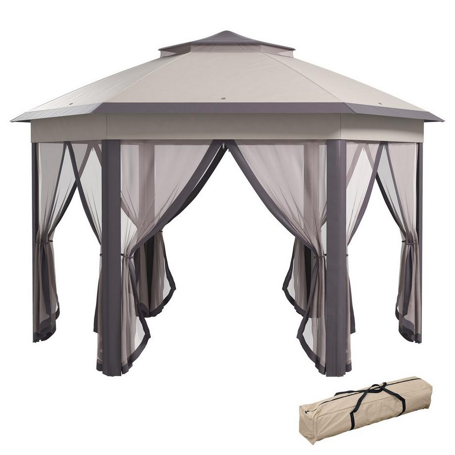 Gazebo Da Giardino Gazebo Pieghevole 4 X 4 M Tenda Pop-Up Tenda Per Feste Inclusa Borsa Per Il Trasporto 6 Pannelli Laterali Doppio Tetto Esagonale Caffè + Beige