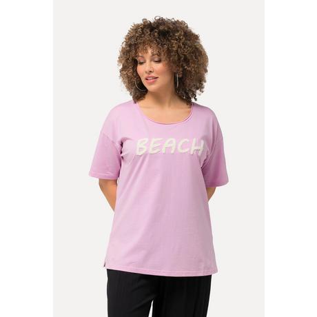 Ulla Popken  T-shirt dal taglio oversize con scritta in spugna, scollo a girocollo e mezze maniche 