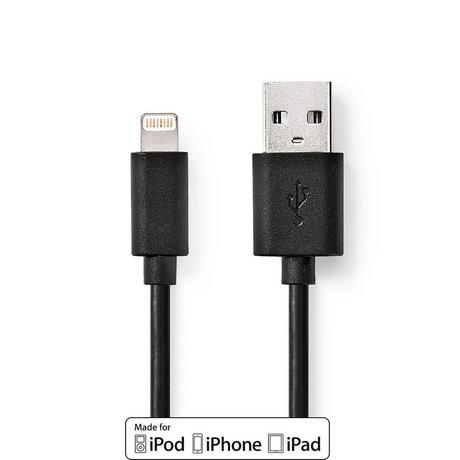 Nedis  Câble Lightning | USB 2.0 | Apple Lightning, 8 broches | USB-A mâle | 480 Mbps | Nickelé | 1.00 m | Rond | PVC | Noir | Boîte 