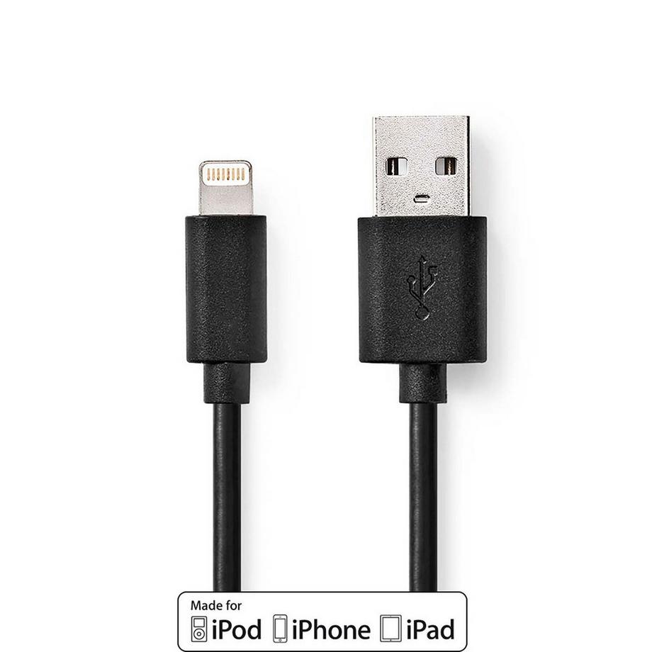 Cavo Lightning | USB 2.0 | Apple Lightning, 8-pin | USB-A Maschio | 480 Mbps | Nichelato | 1,00 m | Rotondo | PVC | Nero | Scatola