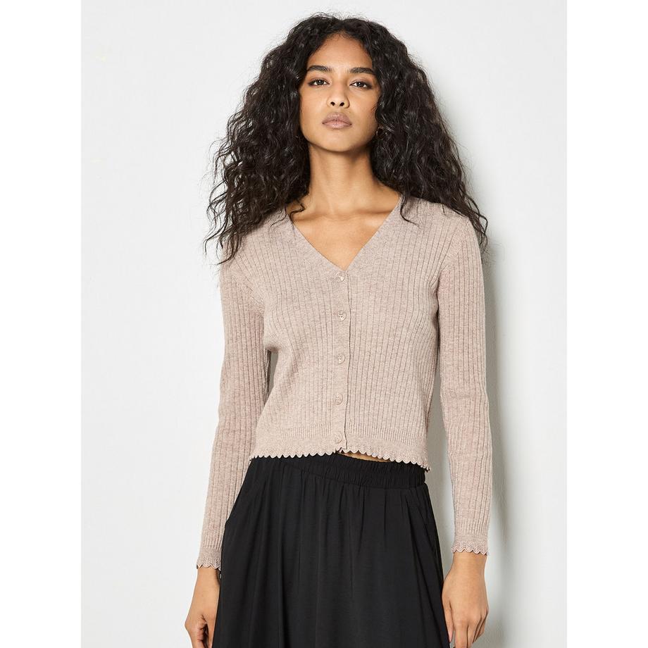 Cardigan en maille côtelée à bords festonnés