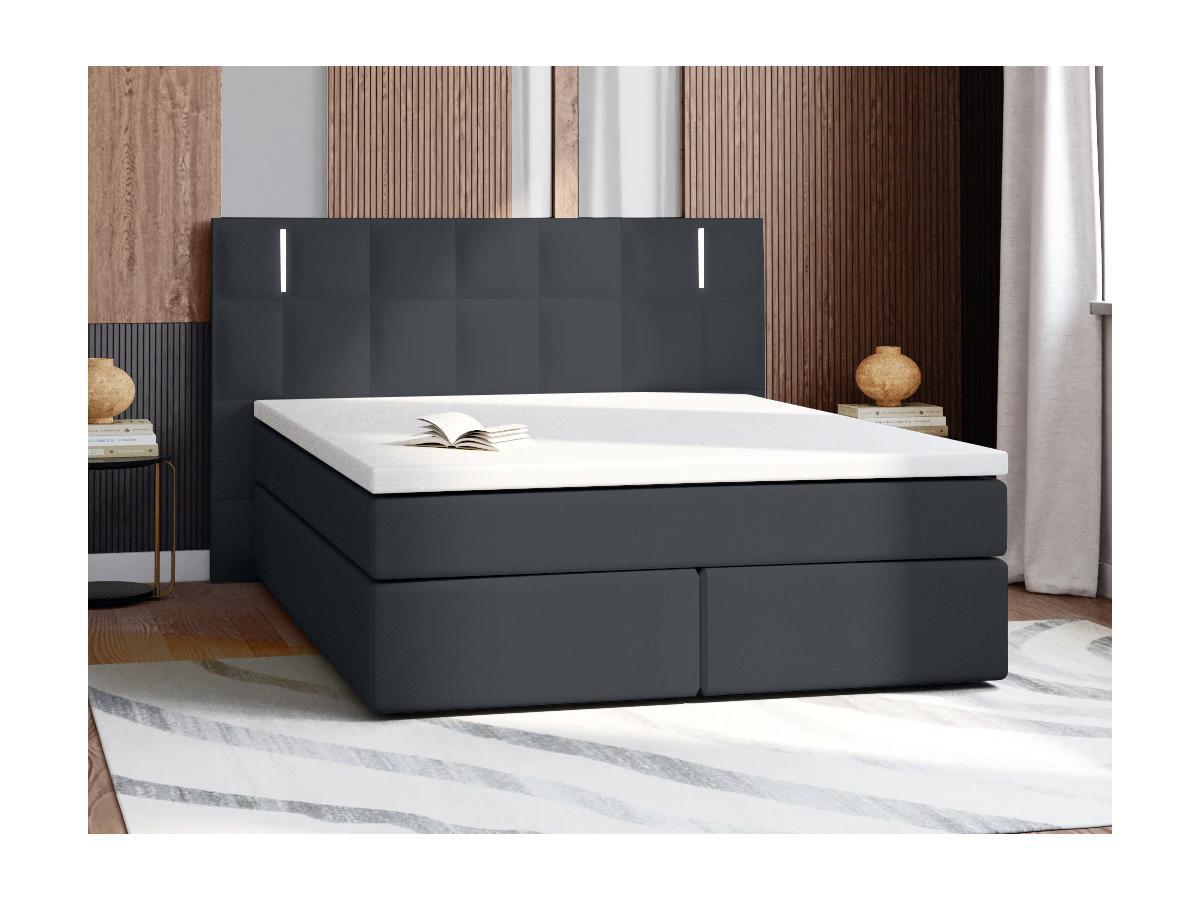 DREAMEA Ensemble boxspring complet tête de lit avec Leds + sommiers + matelas + surmatelas BILBAO simili  