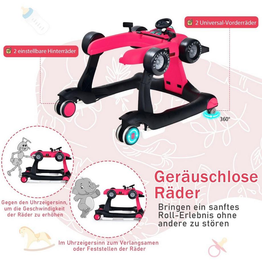 Northix  Trotteur pliable 4 en 1 trotteur bébé 73 x 64 x 50,5/53,5/55,5 cm rose 