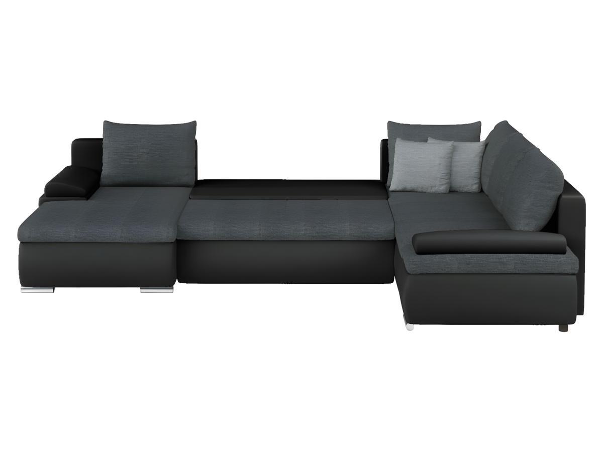 Vente-unique Divano letto angolare panoramico reversibile in similpelle e tessuto Bicolore nero e grigio DAKOTA  