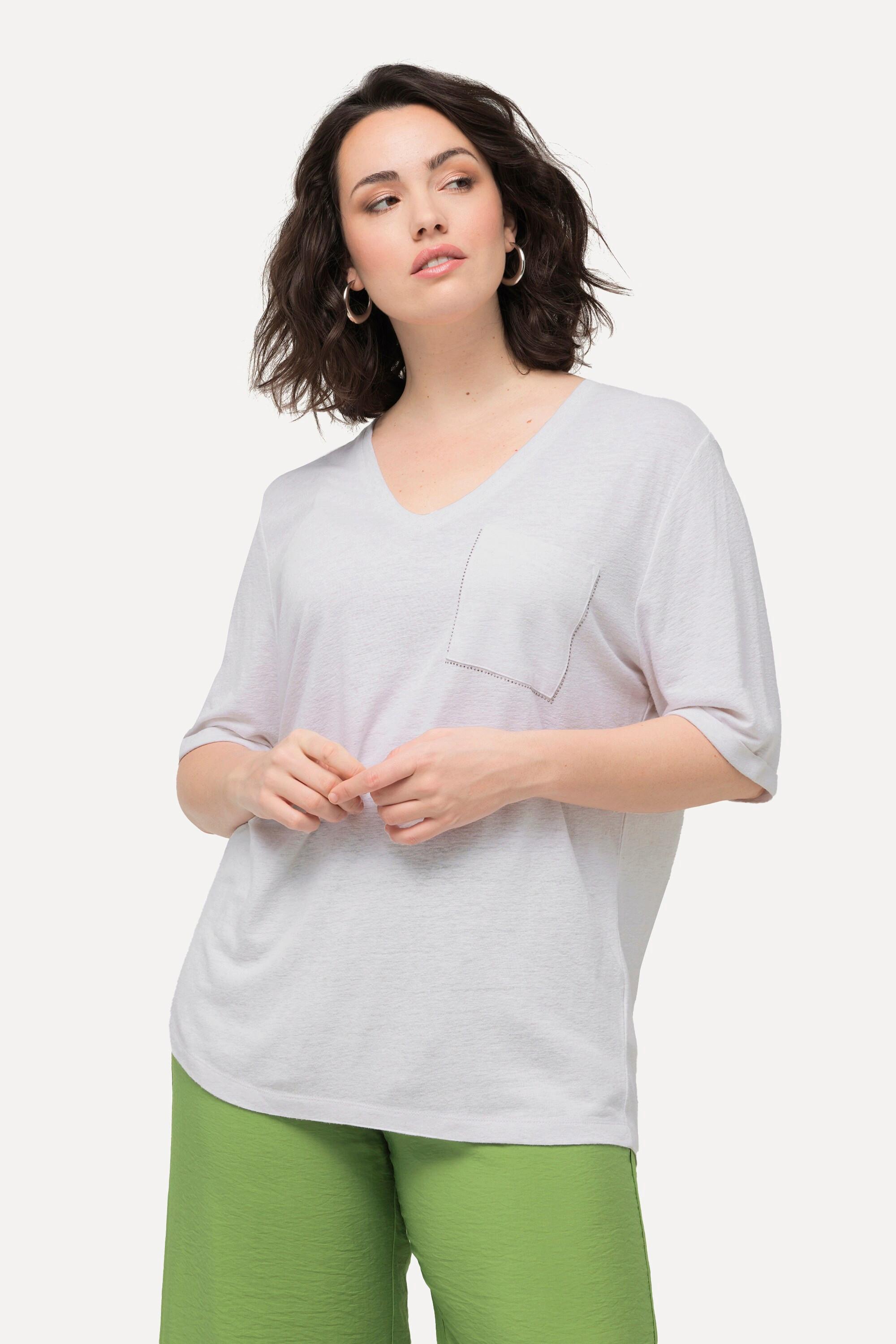 Ulla Popken  T-shirt con texture, taschino, scollo a V e mezze maniche 