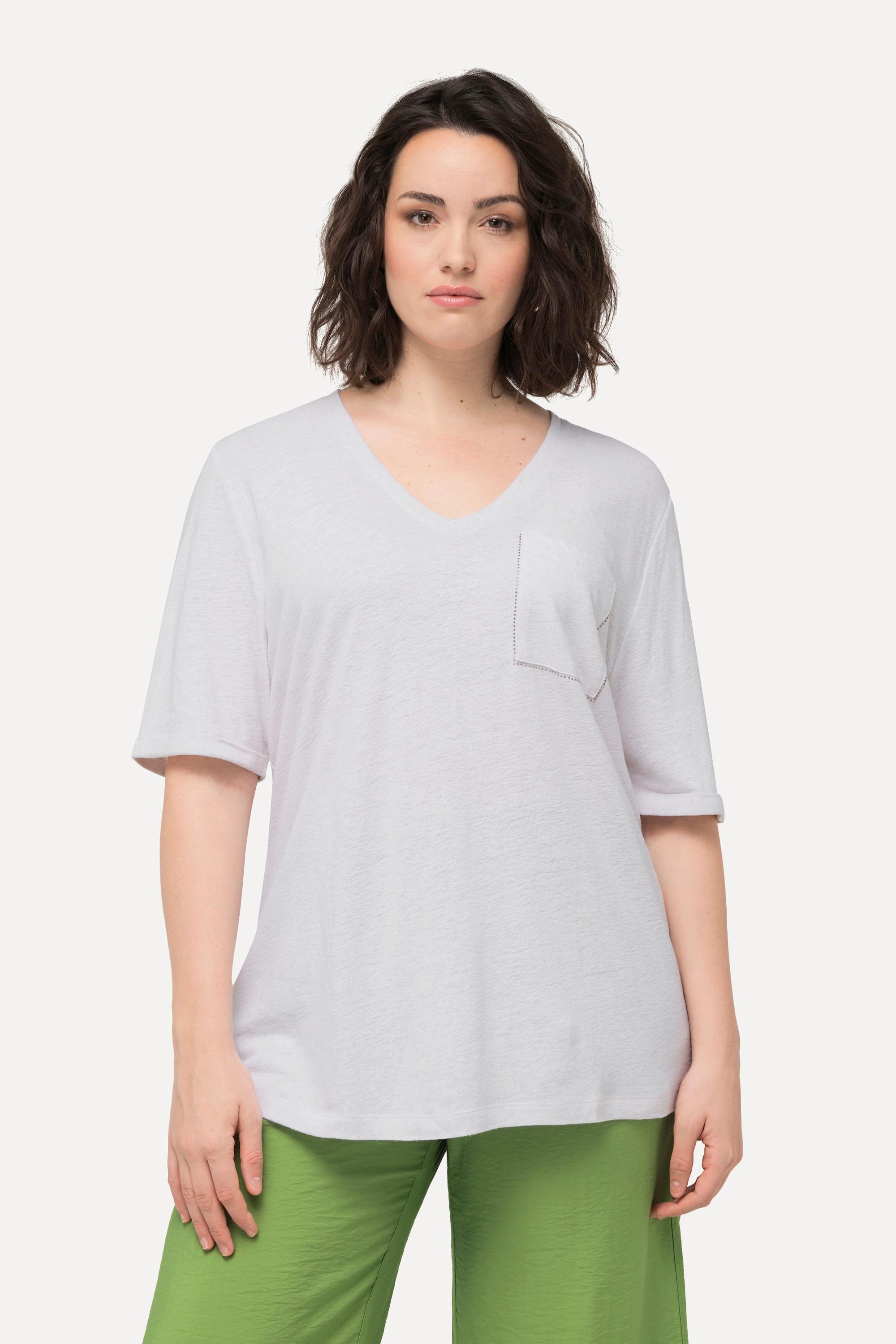 Ulla Popken  T-shirt con texture, taschino, scollo a V e mezze maniche 