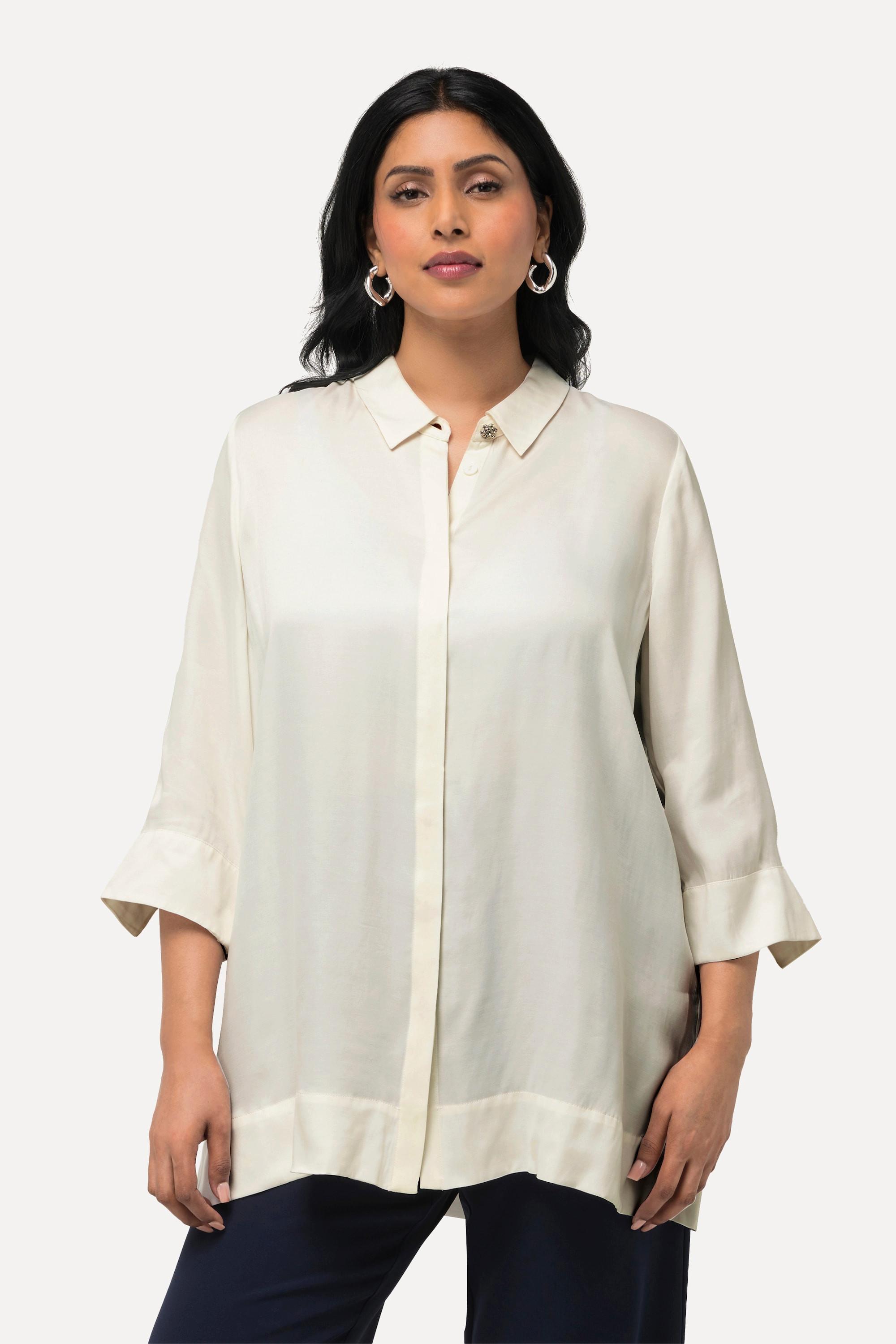 Ulla Popken  Bluse, Cupromix, Boxy, Hemdkragen, 3/4-Arm 