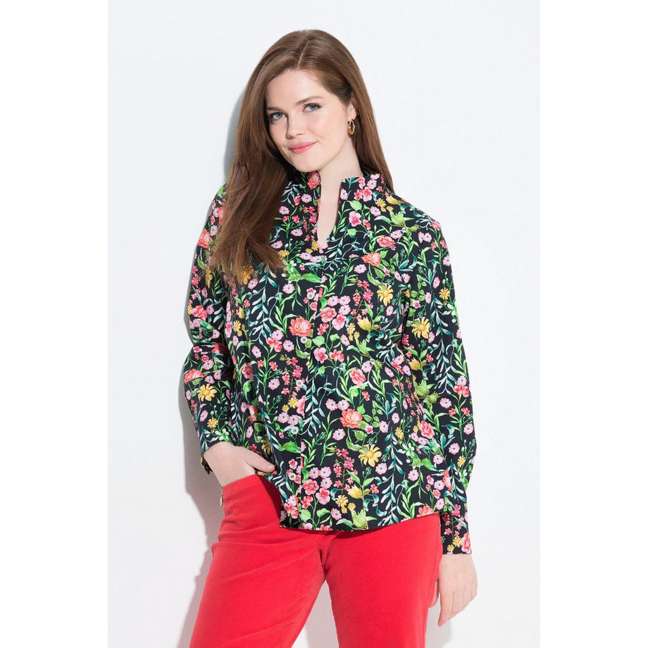 Ulla Popken Bluse Blüten Kelchkragen V-Ausschnitt Langarm  