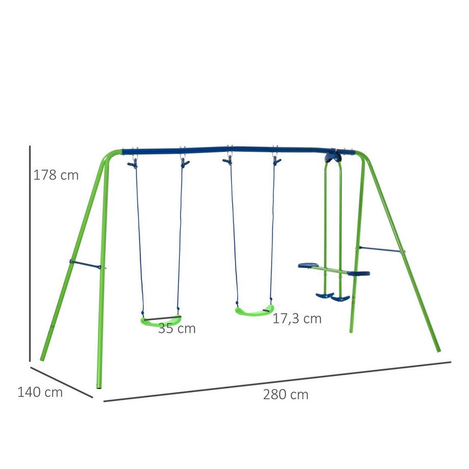 Northio Balancez 3 appareils de balançoire avec 2 balançoires et face à face dim. 2,8 L x 1,4 L x 1,78 H m Protection contre la corrosion des métaux époxy PE Vert Bleu |  